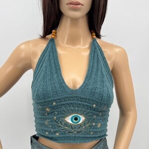 Romwe Boho Festival Retro 70s Crochet Embroidered Evil Eye Hamsa Halter Top